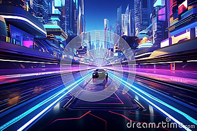 Futuristic Neon Race: Abstract Breakthroughs on a Metallic Track Stock Photo