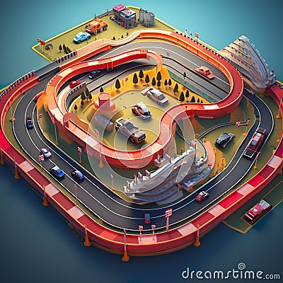 Race Tracks highspeed racing circuits with speedy cars thrilling races action pack 3D Isometric AI Stock Photo