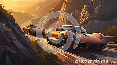 A illustration about a thrilling race between sleek sports cars on a winding mountain roa created with Generative AI Cartoon Illustration