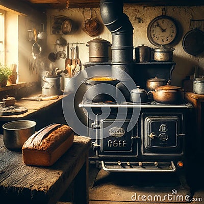 Cabin Cooking: Homely Kitchen with Steaming Pot Stock Photo