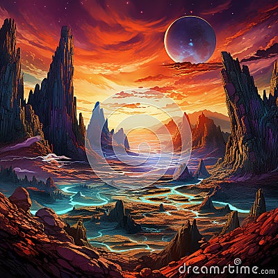 Majestic Rock Formations on Alien Planet Stock Photo