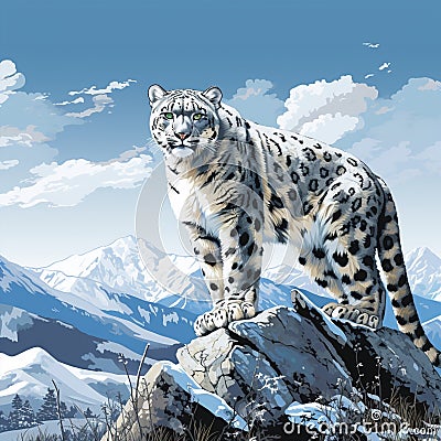Majestic Snow Leopard Perching on a Rocky Pinnacle in a Snowy Landscape Stock Photo