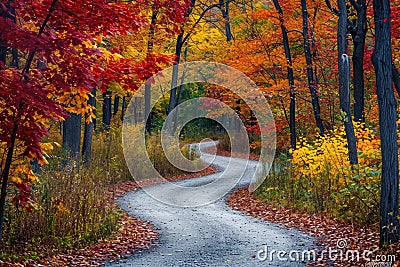 Experience the beauty of autumn as you drive along a picturesque winding road surrounded by vibrant trees, A curvy path through Stock Photo