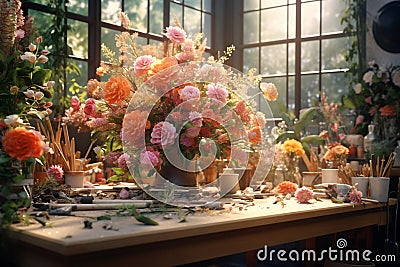 Experience the beauty of a florists worktable Stock Photo