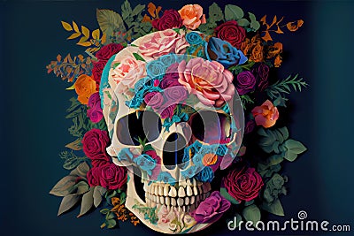 Flowery Skull. Skull with roses. Colorful art. AI art generated Stock Photo