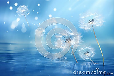 Mesmerizing Dandelion Dance: Four Seeds Floating Across a Blue Canvas Stock Photo