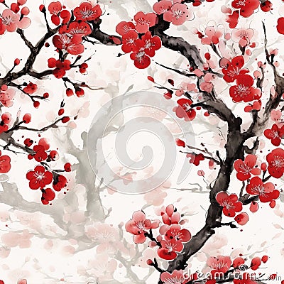 Guan Shanyue's Traditional Chinese Ink Painting Of Plum Blossoms In Full Bloom Stock Photo