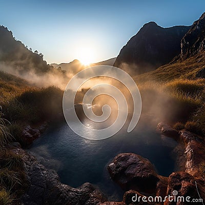 Majestic Hot Springs at Golden Hour Stock Photo