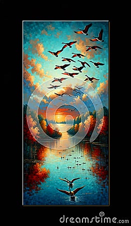 flock of geese flying over a lake, framed by the autumn sky. landscape background, painting Stock Photo