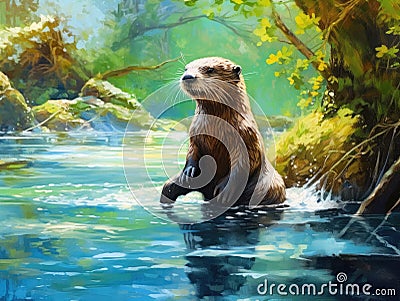 River Dance: Playful Otter's Joyful Frolic in Nature's Aquatic Wonderland Stock Photo