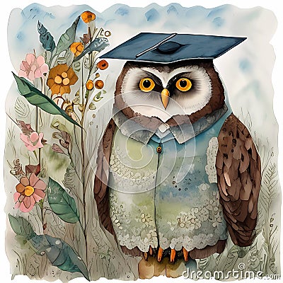 Charming Graduation Owl - Delightful Kids' Storybook Art with Muted Watercolor Palette Cartoon Illustration