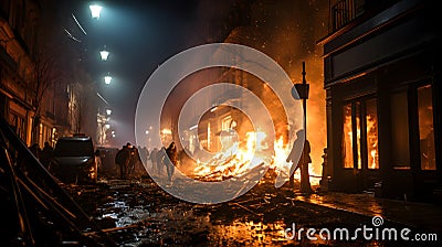 Firefighters extinguish a burning building in Kiev, Ukraine. Cartoon Illustration