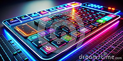 FutureForward Phone Keyboard HUD Nighttime Tech Display with Illuminated Keys and Futuristic Interface Stock Photo