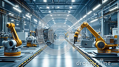 Experience a dynamic factory bustling with the harmonious teamwork of advanced robots and machines creating intricate products in Stock Photo