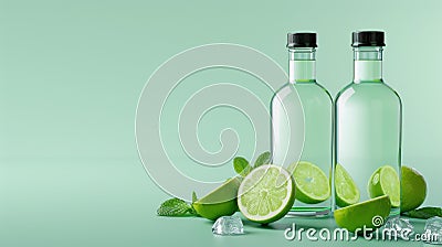 Experience the elegance of artisanal tonic water bottles, perfect for showcasing in sophisticated cocktail bars. Minimalistic Stock Photo