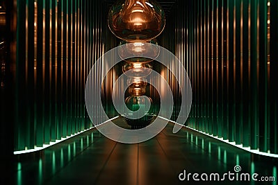 Symmetric Interior Luxury: Burnished Copper and Deep Green with Award-Winning Design and Expressive Neon Lights Stock Photo