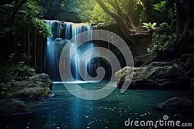 Beauty of a waterfall illuminated by the ethereal glow of the moonlight. Generative AI Stock Photo