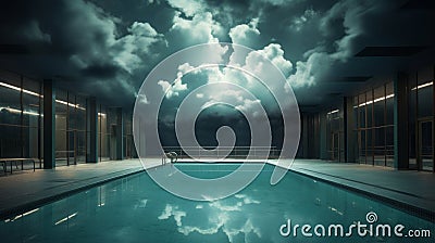 Enchanting Rainclouds Descend Upon an Outdoor Swimming Pool Oasis Stock Photo