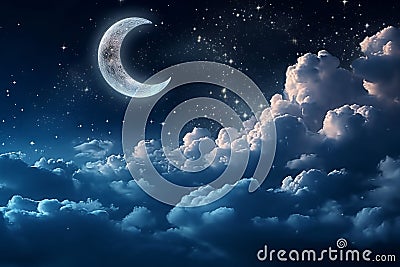 Midnight Serenity: Crescent Moon Amongst Clouds in the Night Sky (AI Generated) Stock Photo