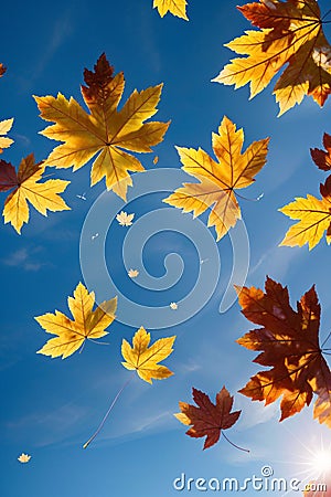 Whimsical Autumn Leaves Flying Across the Blue Sky Stock Photo