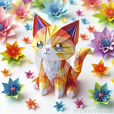 Kaleidoscopic Kitty: Kirigami Art in a Flower Wonderland Stock Photo