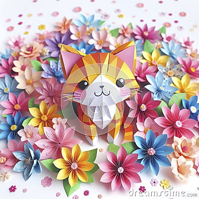 Floral Fantasy: Vibrant Kirigami Cat Isolated in White Stock Photo
