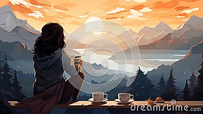 A girl sitting backward to the photo and looking at a mountain landscape in the morning sunset Stock Photo