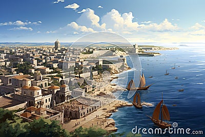Carthage Panorama: Nautical Might and Market Bustle of the Mediterranean's Crown Jewel Stock Photo