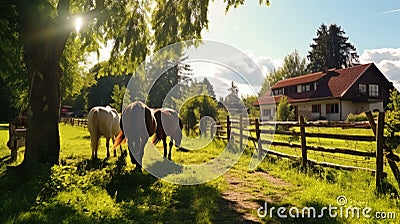 Harmony of Equines: Horse-Farm's Captivating Landscape Stock Photo