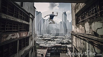 The dramatic and exciting movements of a group of parkour practitioners leaping and scaling buildings created with Generative AI Stock Photo