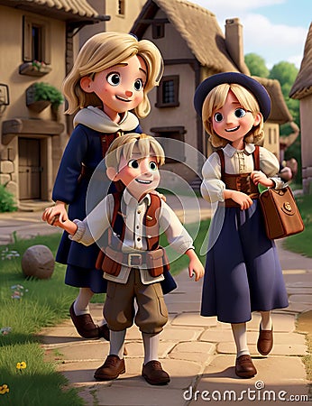 Charming Village Scenes: Cute Little Boys and Girls. AI-Generated Stock Photo