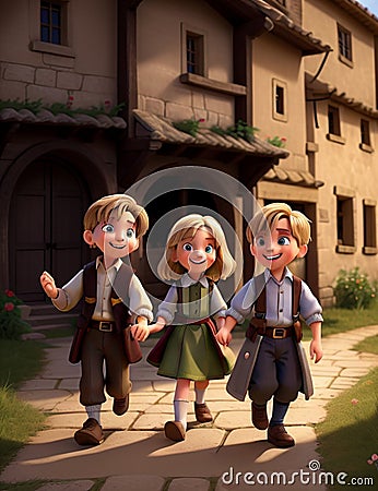 Charming Village Scenes: Cute Little Boys and Girls - AI-Generated Stock Photo