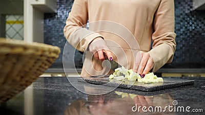 Experience housewife cuts vegetables cooking dish for lunch Stock Photo