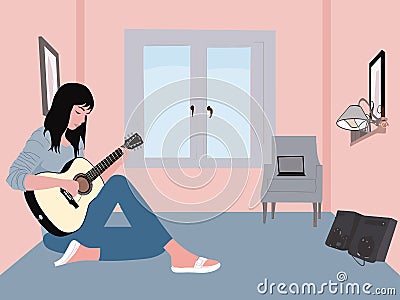 Illustration of Musical Solitude - Girl Playing Guitar in Her Room Vector Illustration