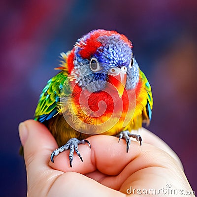 Microcosmic Harmony: Generative AI Captures Delicate Bird Perched on Finger Stock Photo