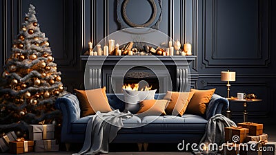 Seasonal Comfort: Christmas Interior Featuring Sofa and Ornate Fireplace Stock Photo