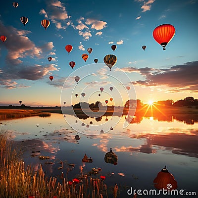 Sunset Serenity: Hot Air Balloon Floating Over a Tranquil Lake Stock Photo