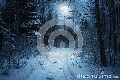 Experience the magical tranquility of a snowy path winding through a dark forest on a peaceful evening, A moonlit path through a Stock Photo