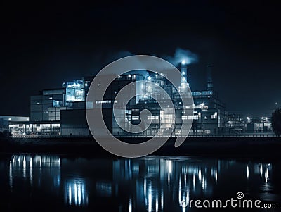 An amazing view of a high-tech industrial facility at night created with Generative AI Stock Photo