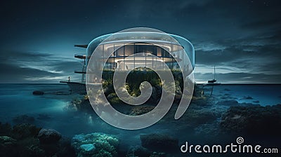 Subaquatic marvel: Luxury home with bioluminescent exterior and amphibious supercar Stock Photo