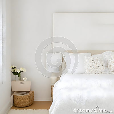 Aesthetic Delight: Showcase of a Cozy Minimalist Bedroom with Contemporary Elements and Clean Aesthetics Stock Photo
