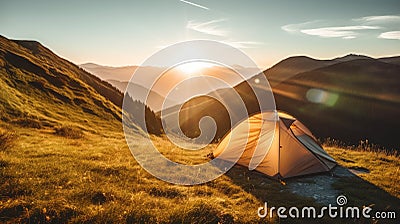 Mountain Magic: Tourist Tent Camping at Sunset for Nature Enthusiasts Stock Photo