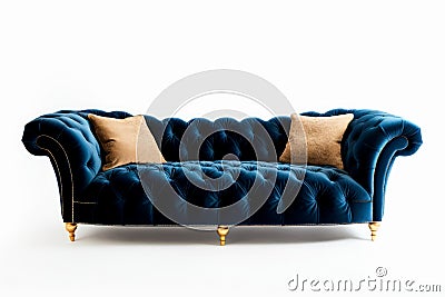 Glamorous Comfort: Velvet Tufted Sofa with Gold Trim on White Background Stock Photo