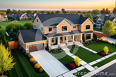beautiful high luxury house in nature, mountains, top view home design Cartoon Illustration
