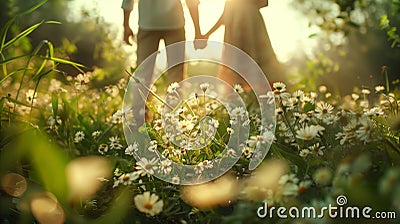 Experience the pure bliss of a deeply enamored couple, hands intertwined amidst the lush, green expanse of a springtime meadow Stock Photo