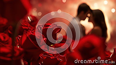 Romantic Red Roses Blurry Couple Kiss Stock Photo