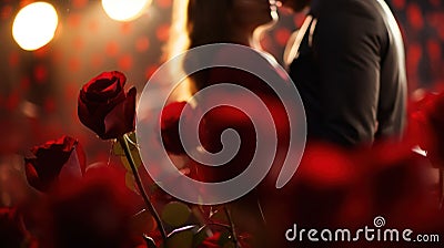 Romantic Red Roses Blurry Couple Kiss Stock Photo