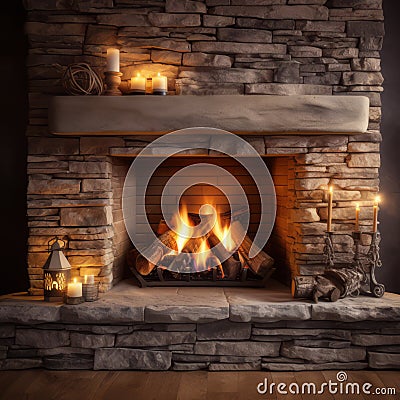 Rustic Elegance: Stone Fireplace with Wood Burning Stock Photo