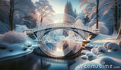 Snow-Covered Footbridge Over a Tranquil Winter Stream Stock Photo