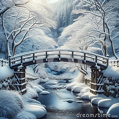 Snow-Covered Footbridge Over a Tranquil Winter Stream Stock Photo